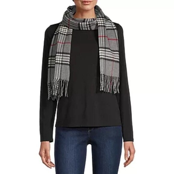 NEW V.FRAAS UNISEX GRAY PLAID FRINGE SCARF - Picture 1 of 3